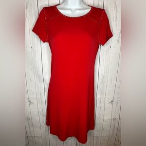 Calvin Klein Shift Dress Women’s Small Red Short Sleeve Gold Stud Embellished